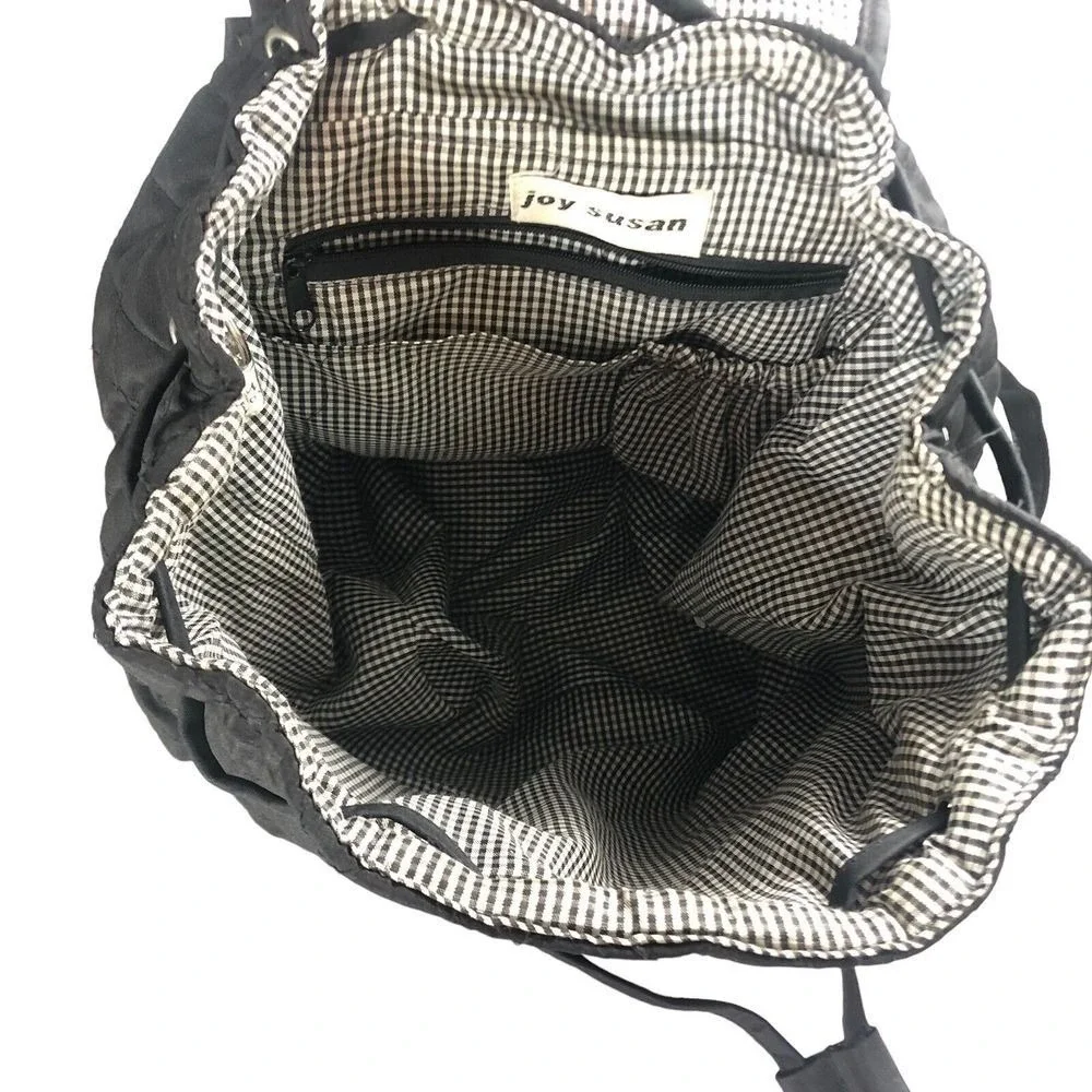 Joy Susan Black Quilted Backpack Purse Drawstring Flap Lightweight Everyday Bag